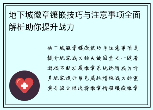 地下城徽章镶嵌技巧与注意事项全面解析助你提升战力